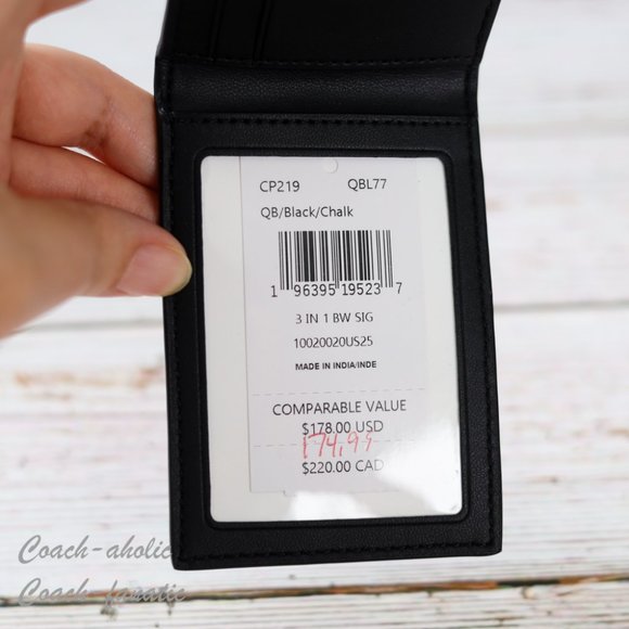 NWT Coach CP219 MEN's 3 In 1 Wallet In Signature Canvas & Leather Black/Chalk - Picture 9 of 9